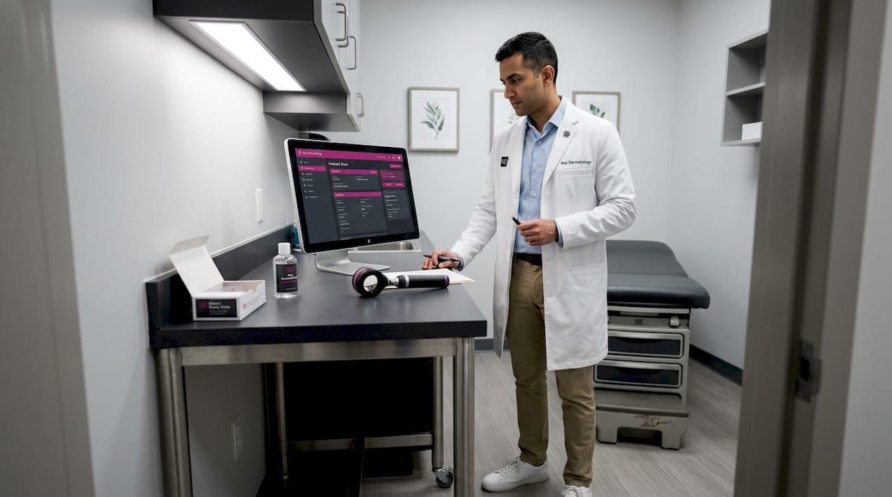 Dermatologist checking patient chart in exam room