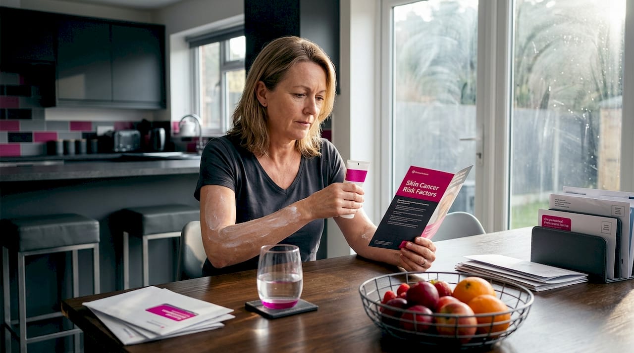 Woman applying sunscreen at kitchen table