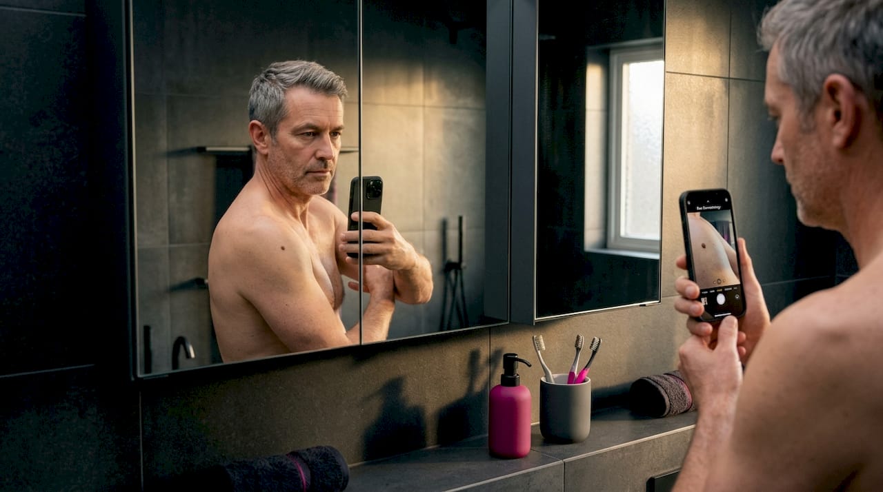 Man photographing mole on shoulder in bathroom