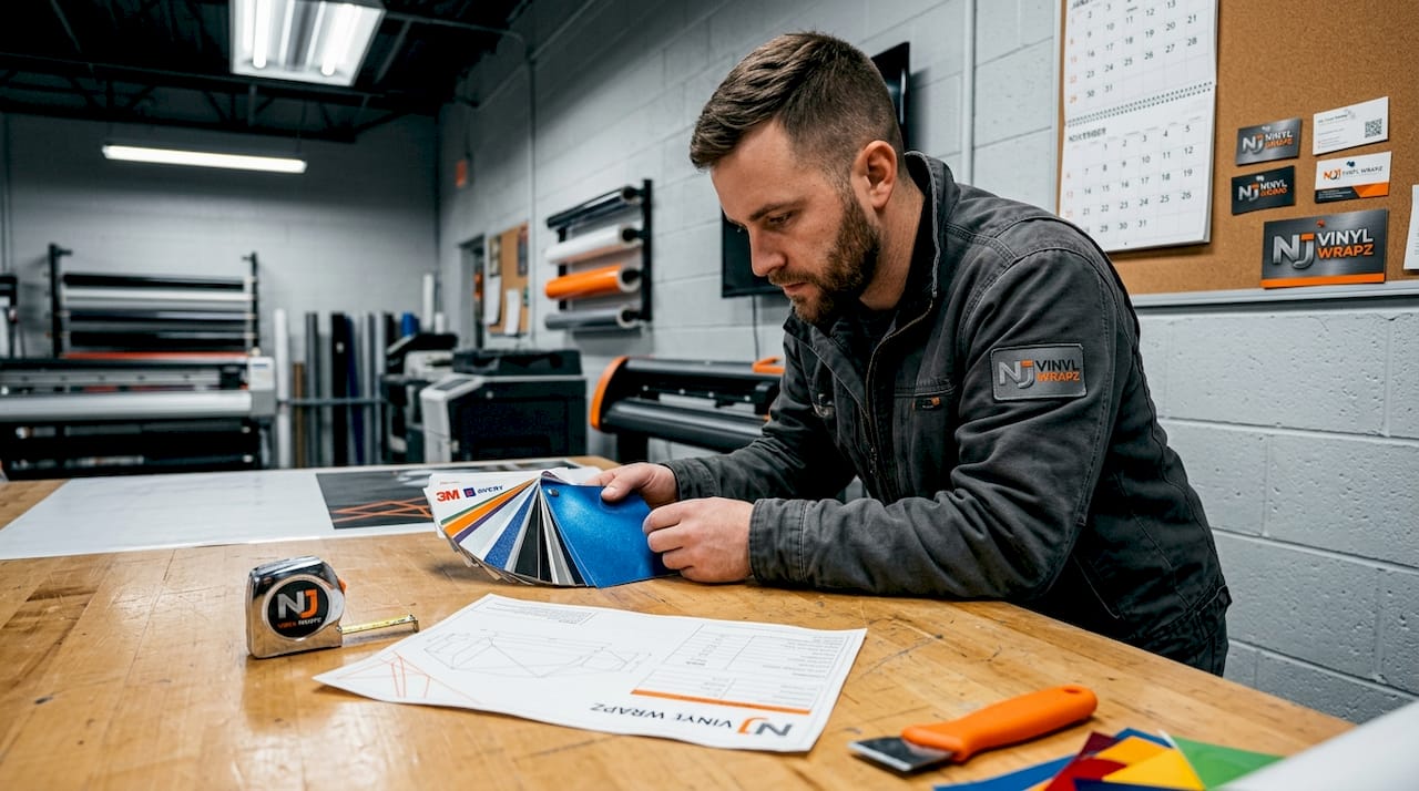 Technician compares vinyl wrap samples