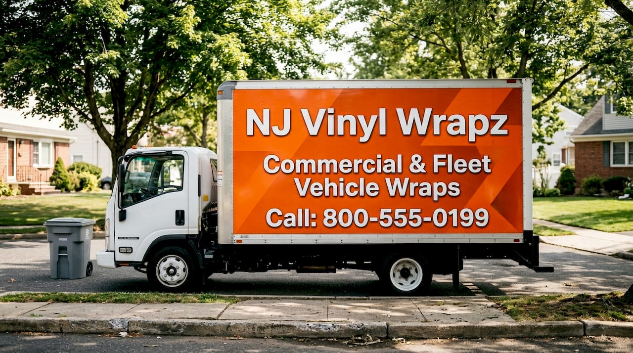 Commercial truck with bold brand wrap curbside