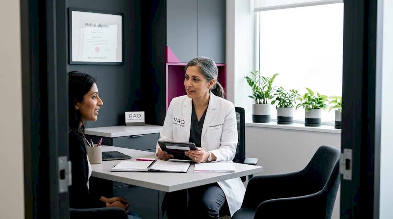 Dermatologist consulting patient in clinic office