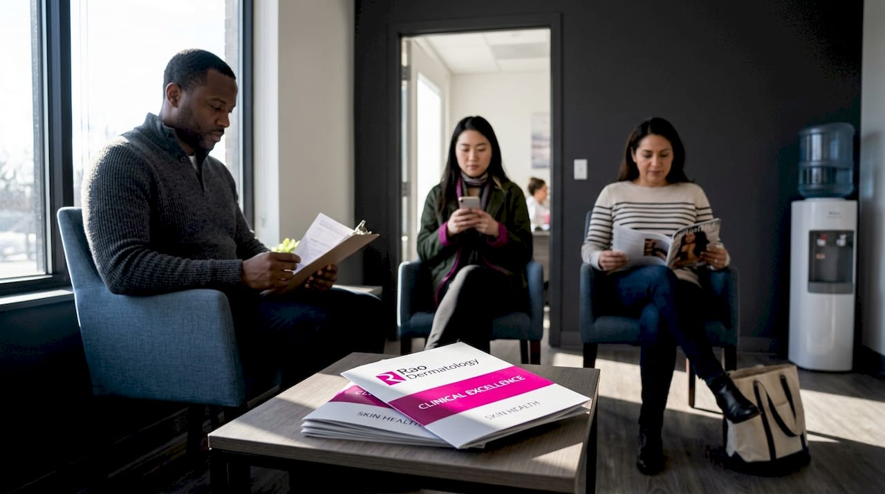 Diverse patients in dermatology waiting room