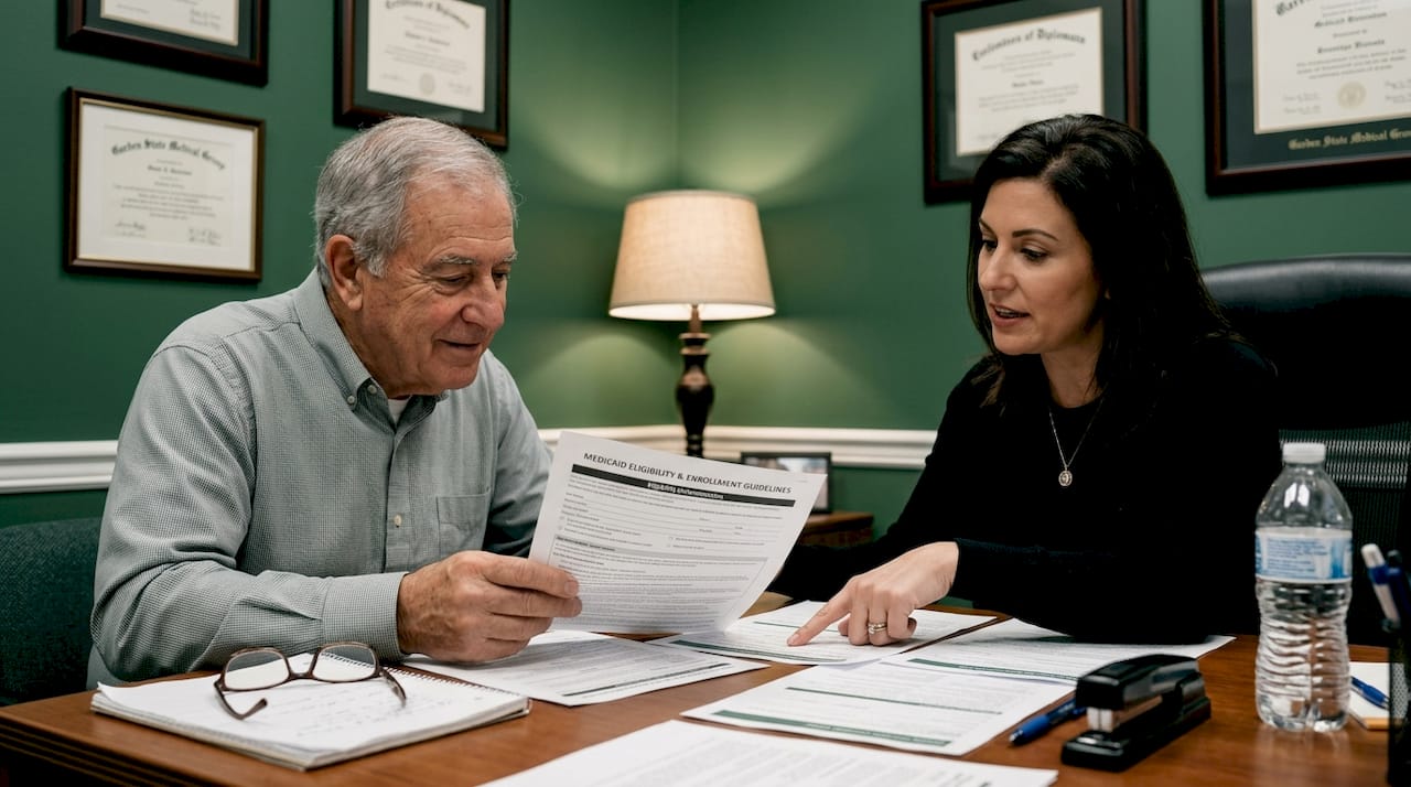 Senior consulting Medicaid planner in office