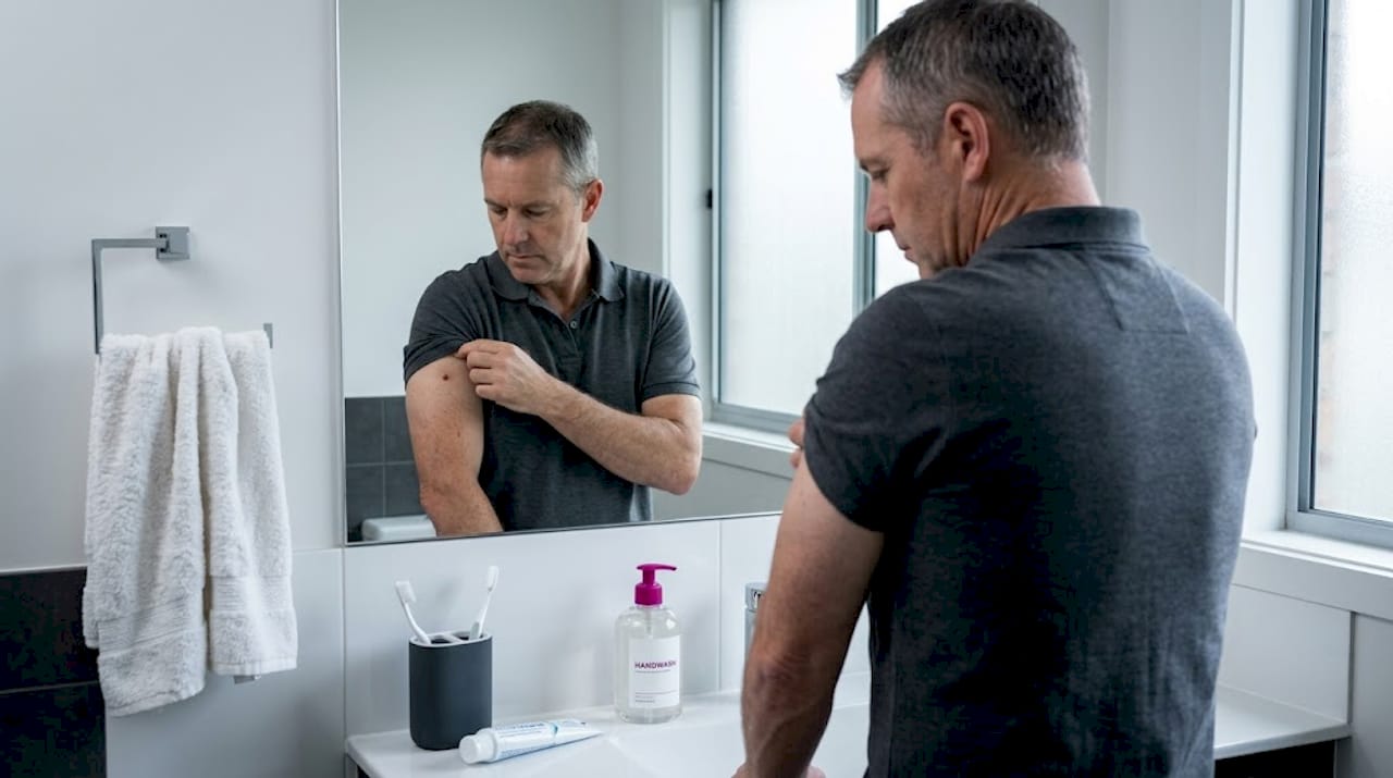 Man doing skin self exam in bathroom