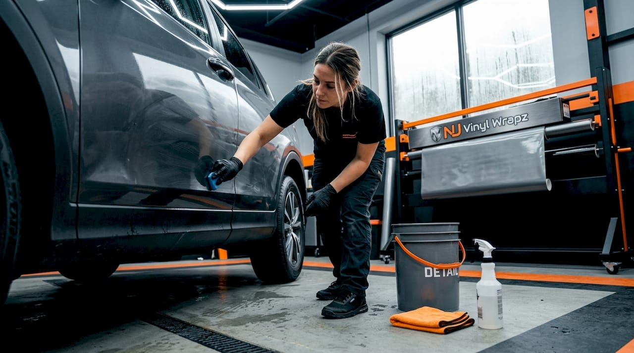 Detailer using clay bar on vehicle panel