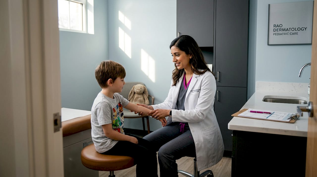 Pediatric dermatologist examining child's arm in clinic
