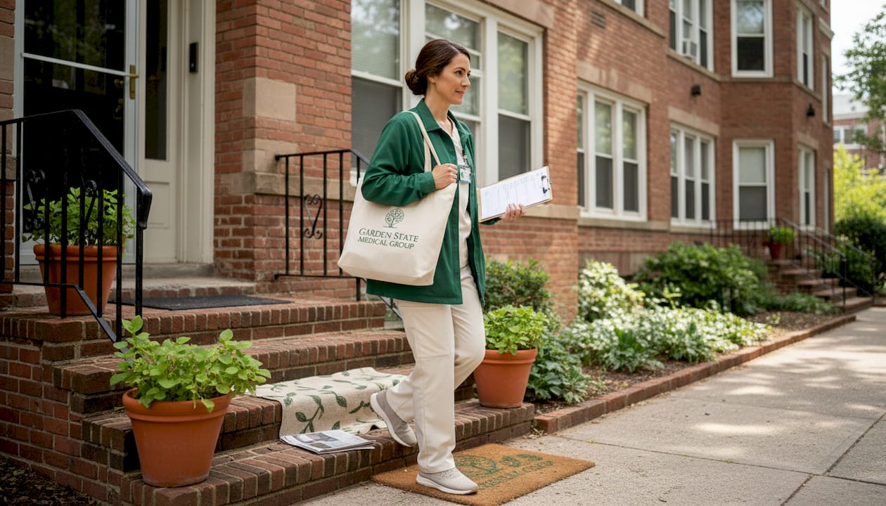 Community nurse making home visit outdoors