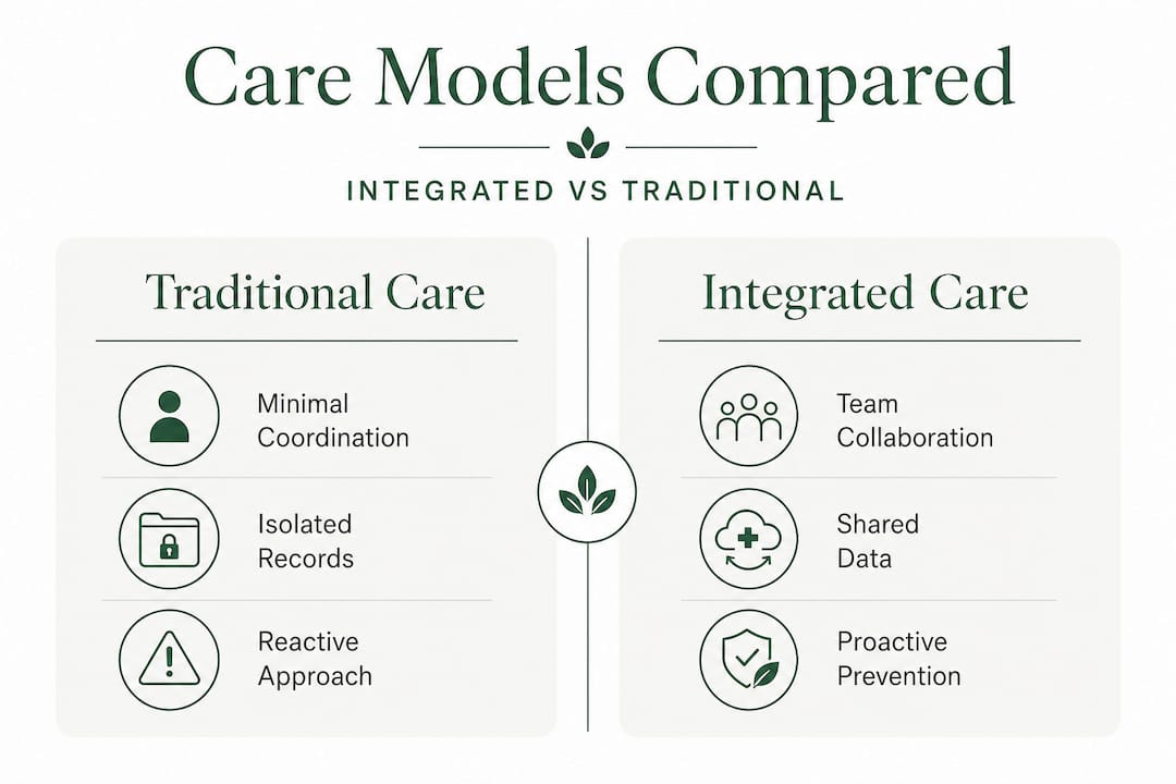 Infographic comparing integrated and traditional care features