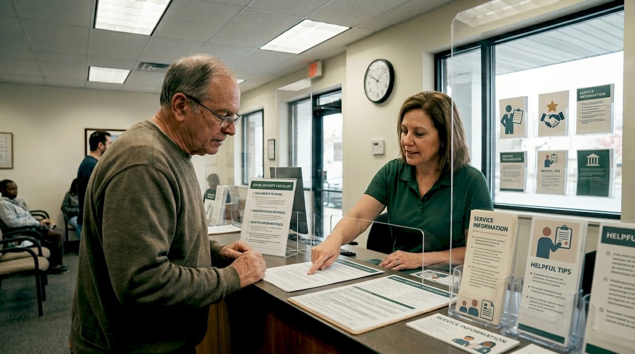 Senior man getting Medicare help at office counter