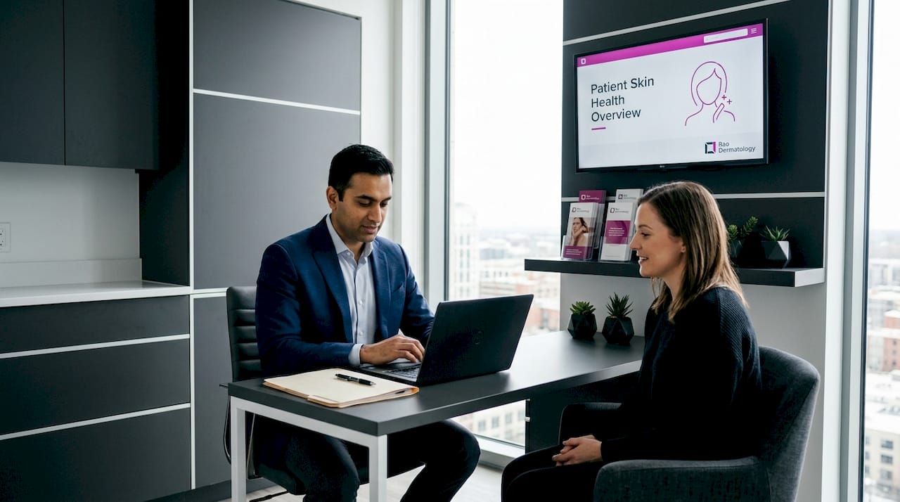 Dermatologist consulting patient in exam room