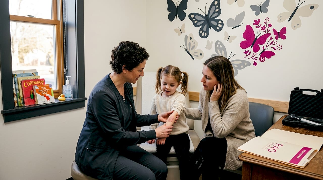 Dermatologist examines child for skin health