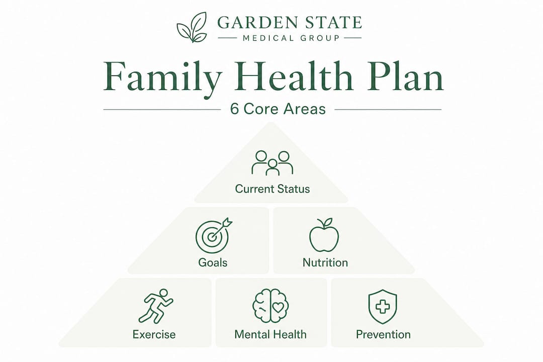 Hierarchy infographic of six family health plan core areas