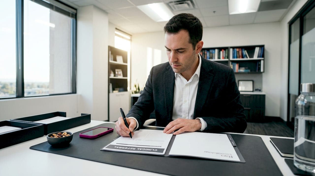 Doctor reviewing clinical referral packet at table
