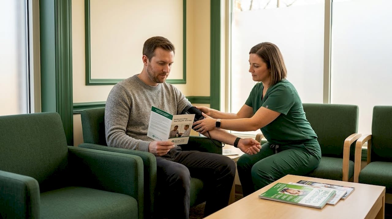 Nurse checks blood pressure in waiting room