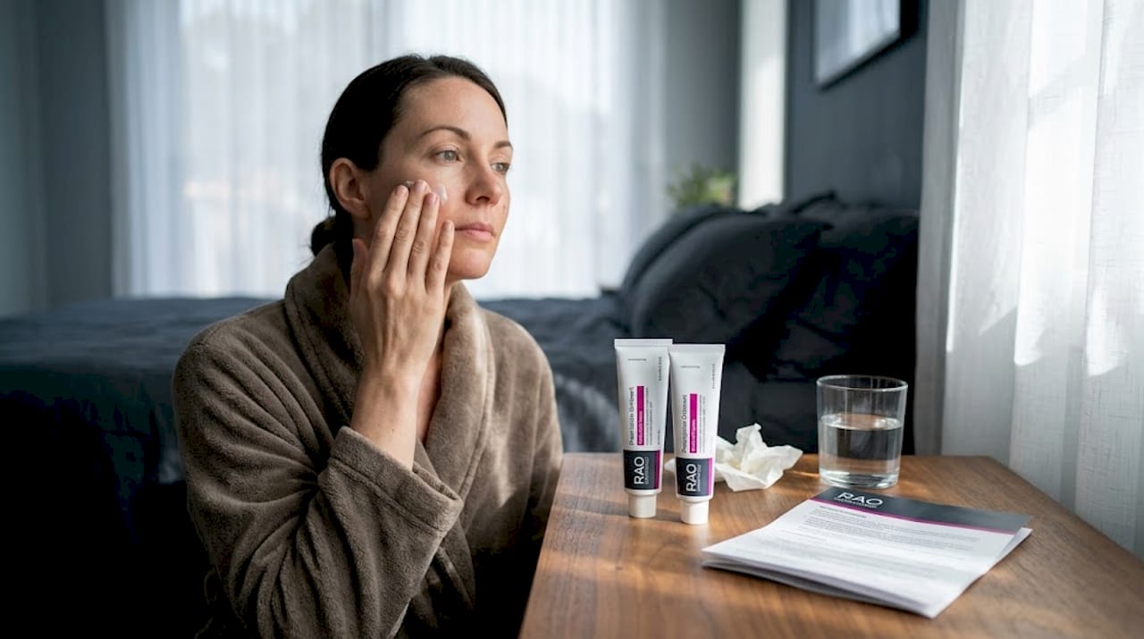 Woman applying post-procedure cream at home