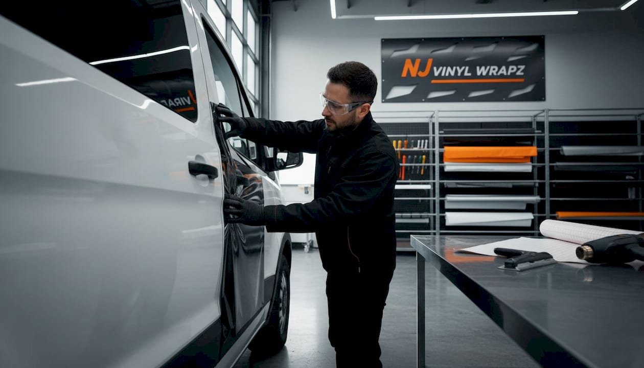 Technician applying 3M wrap on fleet van