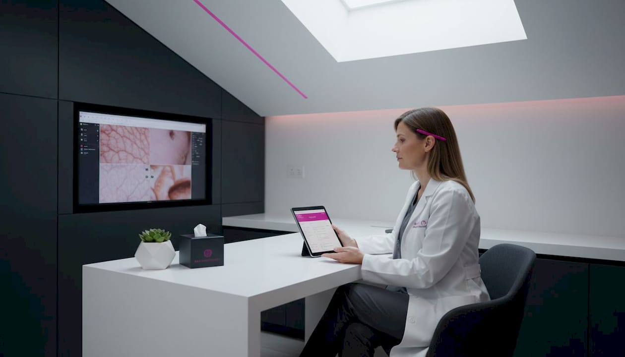 Dermatologist reviewing digital skin images at desk