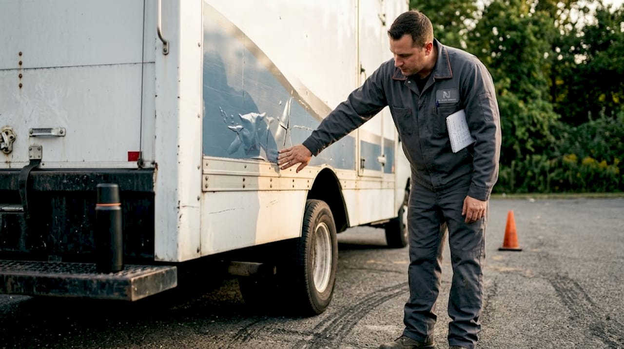 Worker detecting wrap bubbles on truck