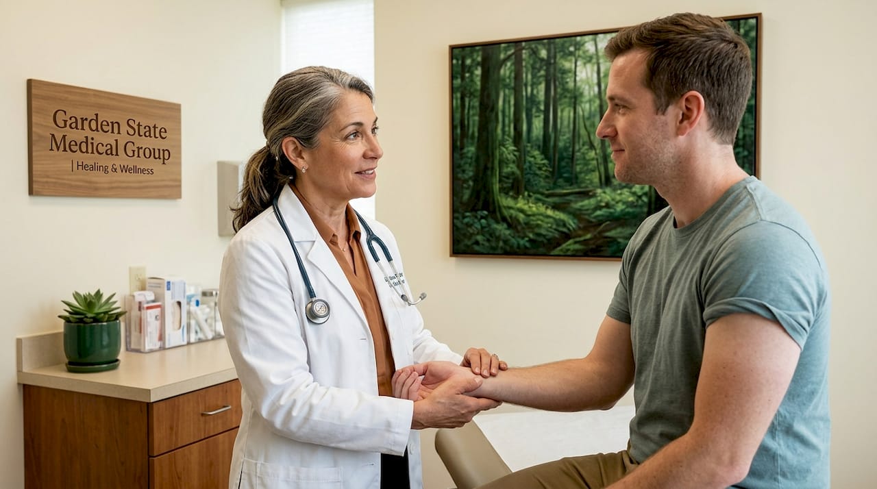Doctor taking patient’s pulse during exam