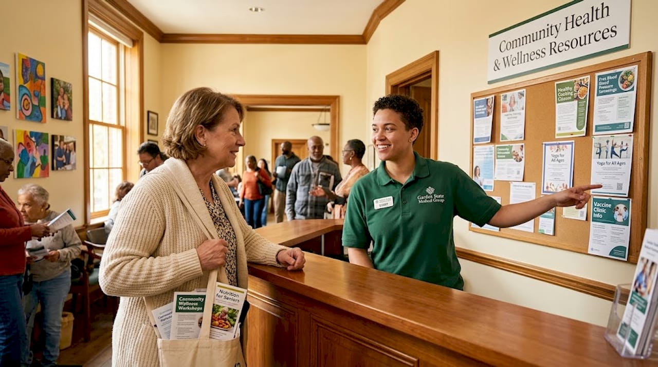 Senior asking about health resources at library desk