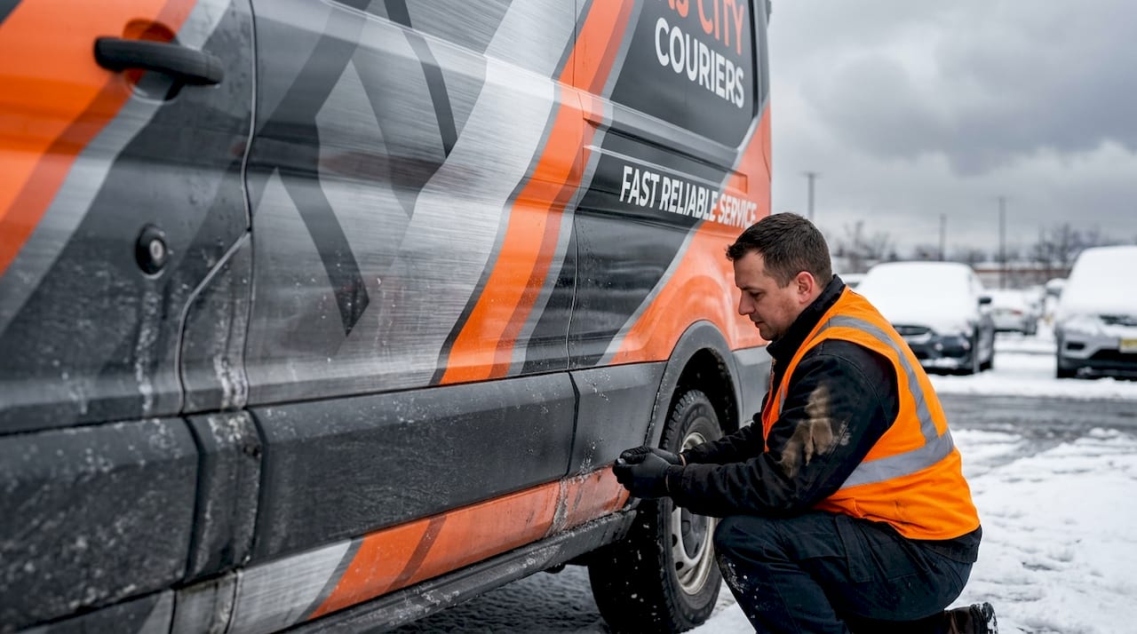 Mechanic checks salt wear on wrapped fleet van