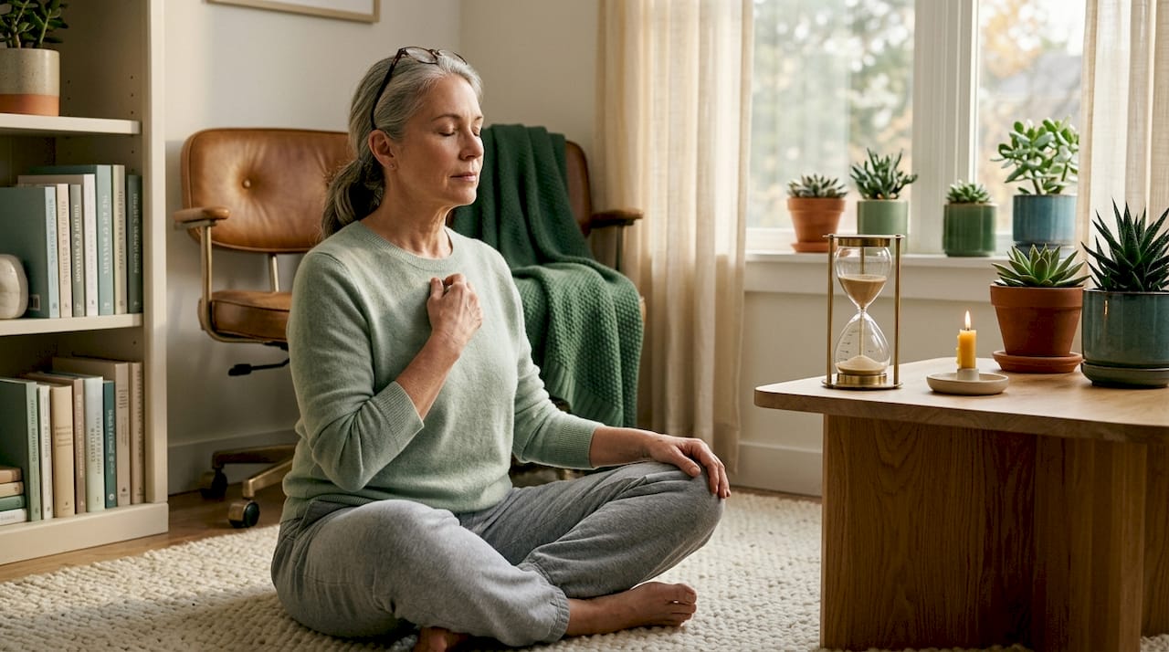 Woman practicing breathing exercises in living room