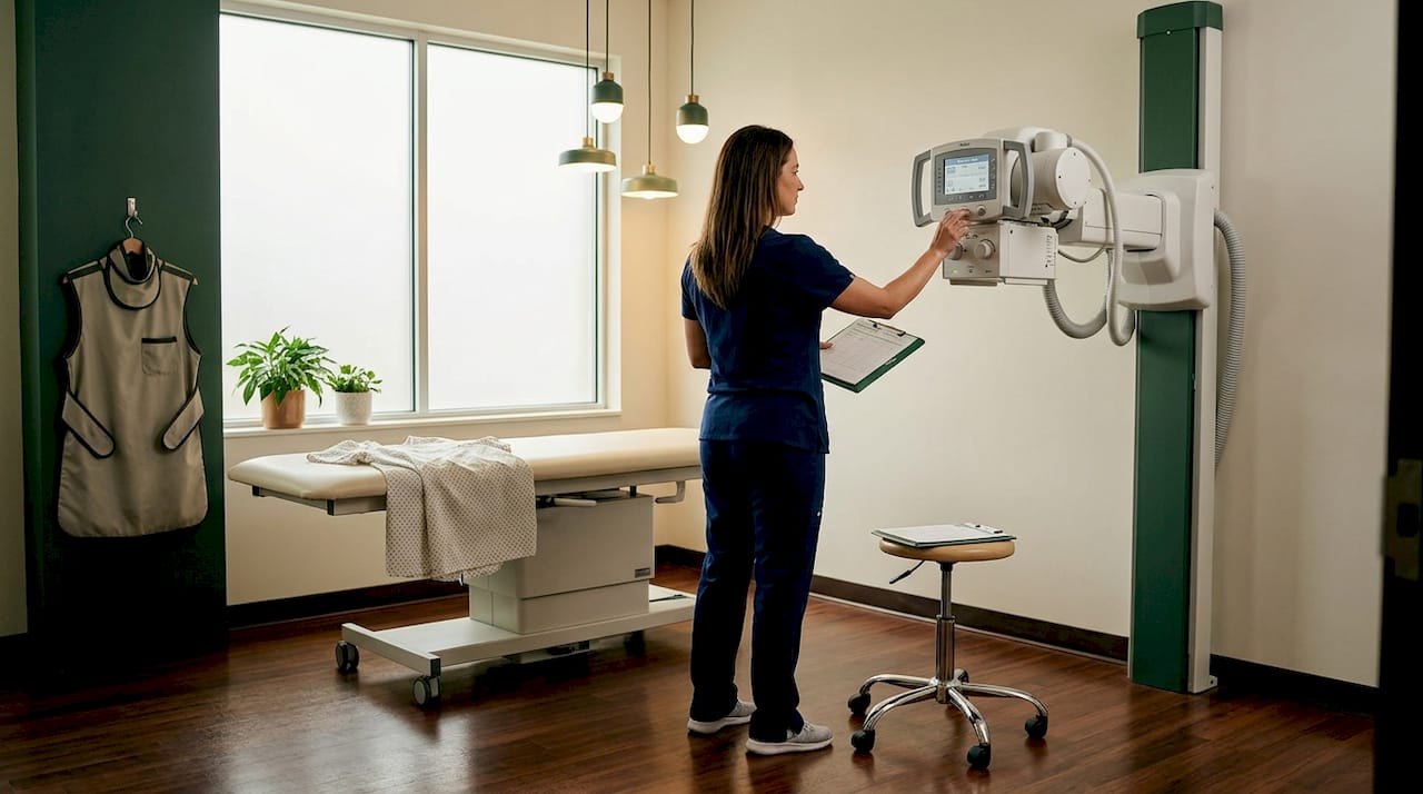 Technician prepares X-ray exam room