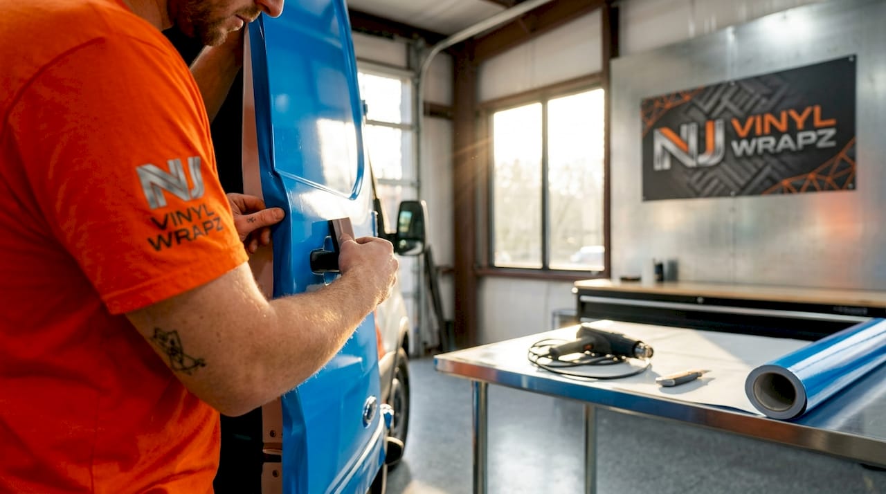Technician applying vinyl wrap to van door