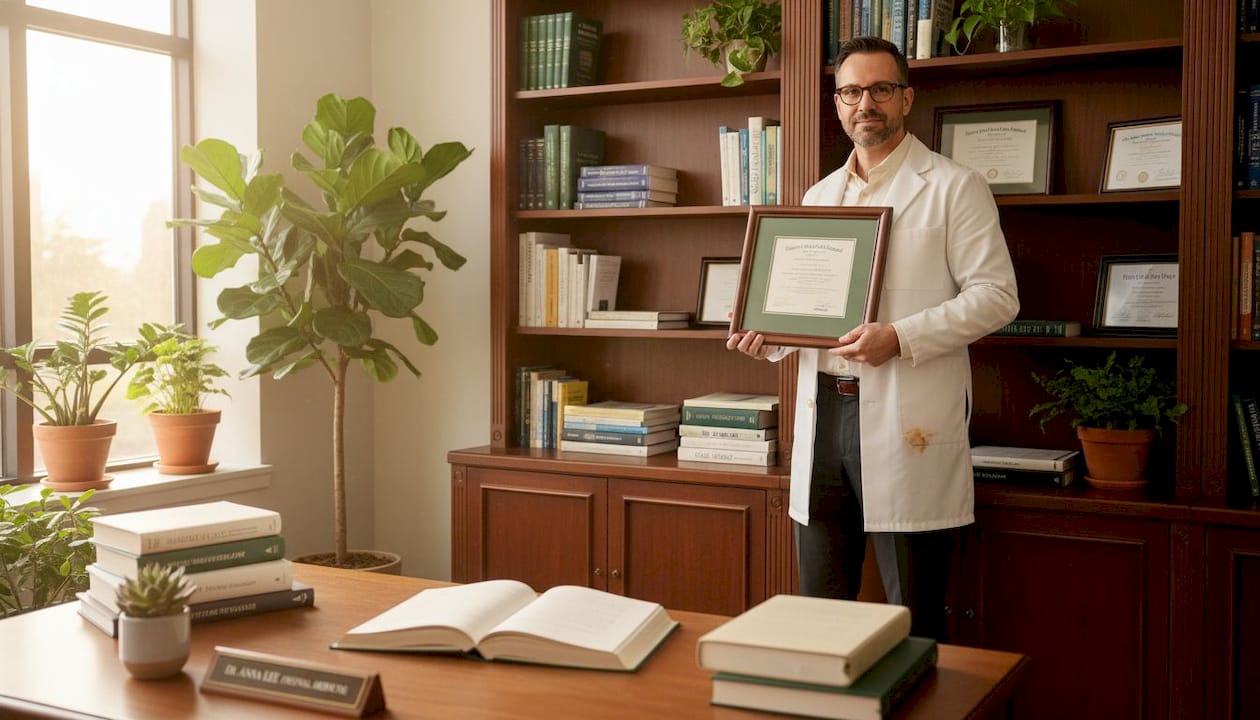 Doctor checking framed credentials in office