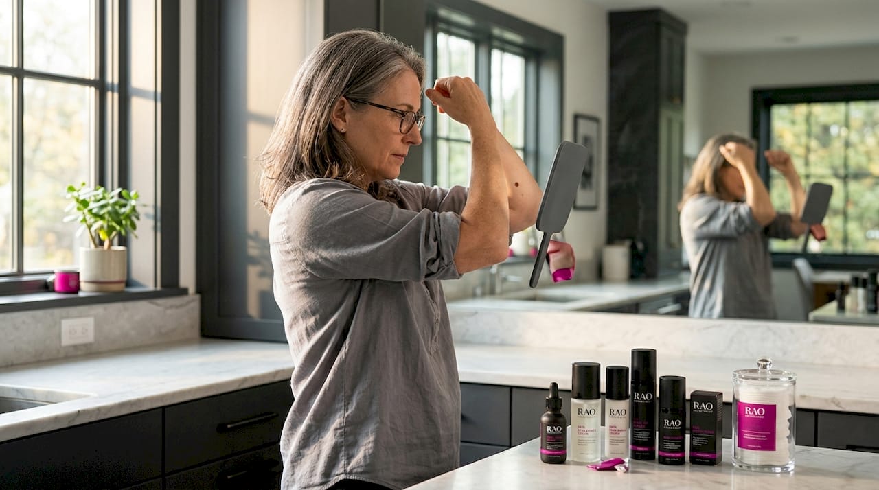 Woman performs self-skin check at home mirror