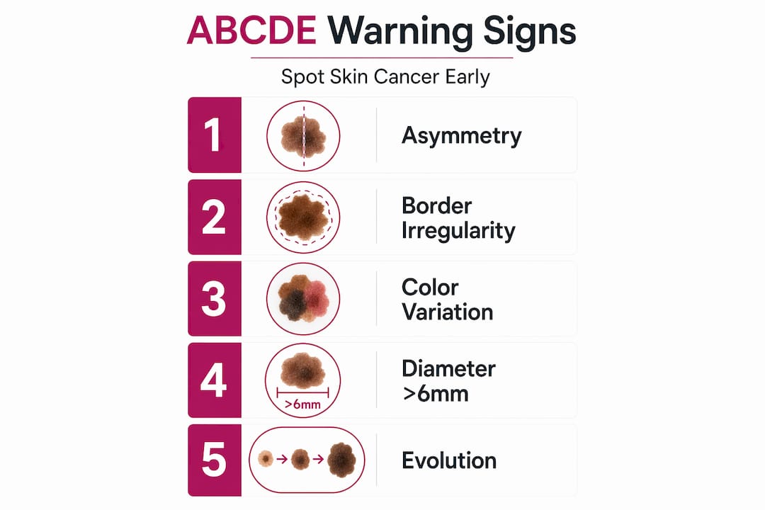 Infographic detailing ABCDE warning signs for skin cancer