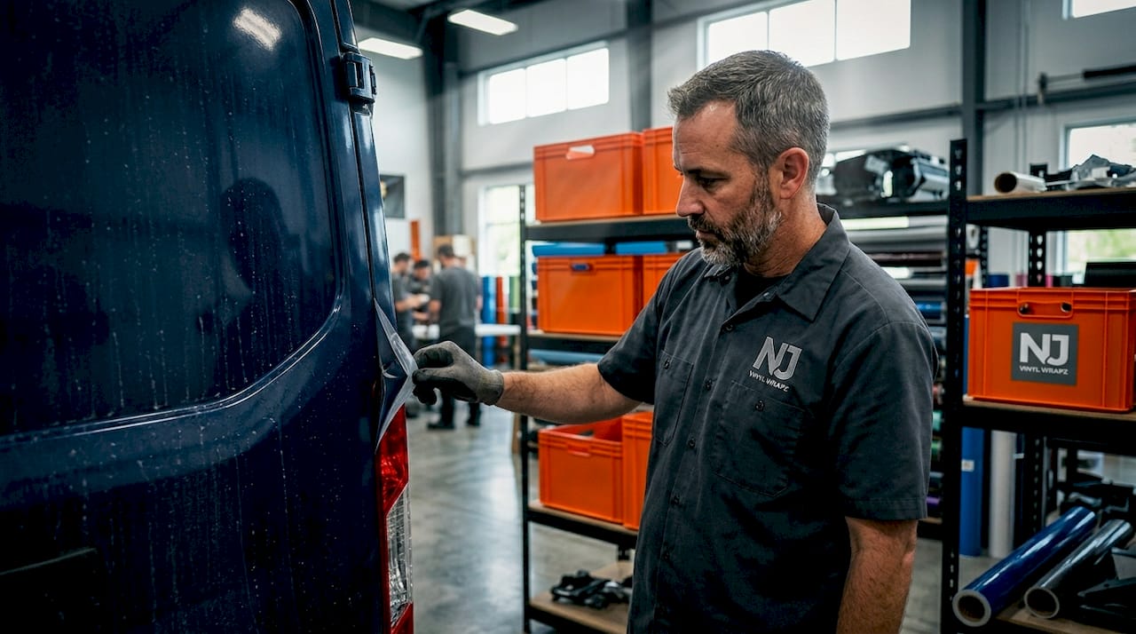 Technician checking vinyl wrap durability