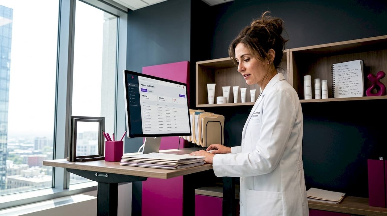 Dermatologist reviewing workflow in clinic office