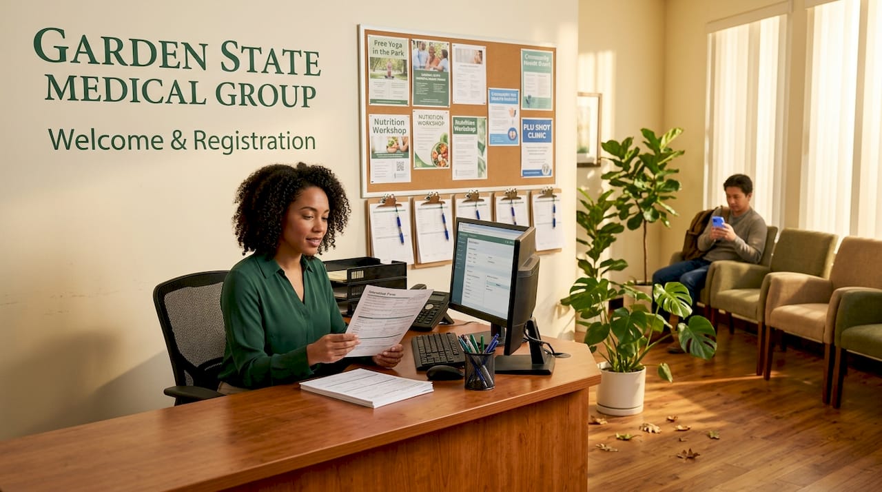 Receptionist reviewing insurance forms at clinic desk