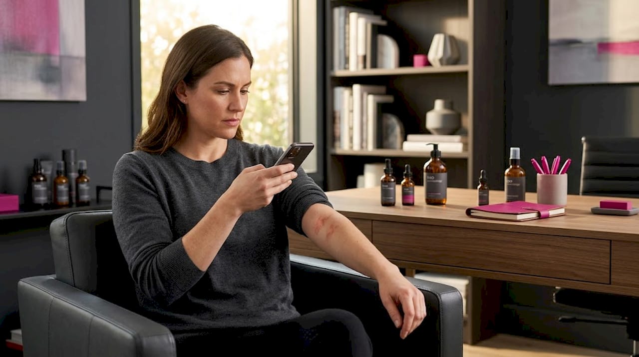 Woman taking skin photo for teledermatology consultation
