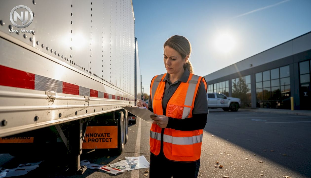 Fleet inspector checks compliance decals
