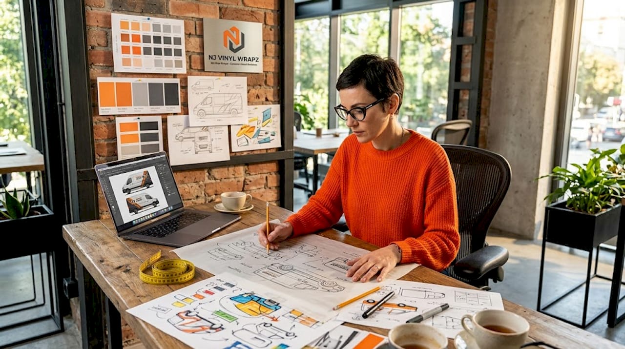 Designer working on van graphics layout