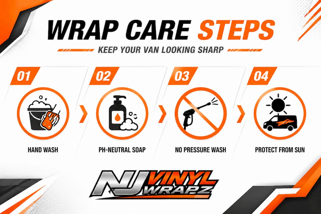 Infographic detailing van wrap care steps