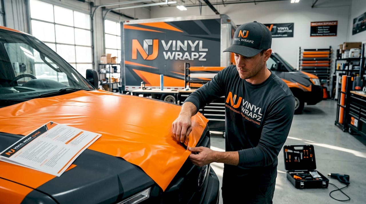 Technician installing full wrap on truck