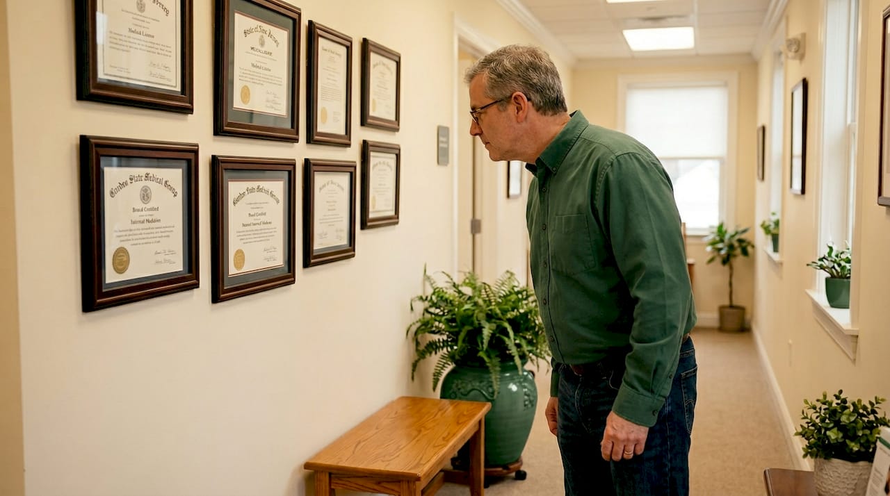 Patient examines doctor’s wall certificates
