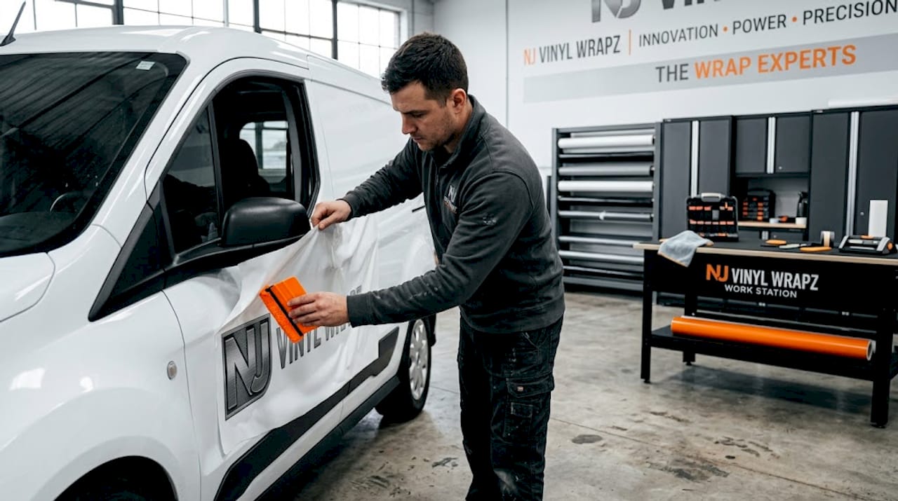 Technician applying vinyl wrap to van panel
