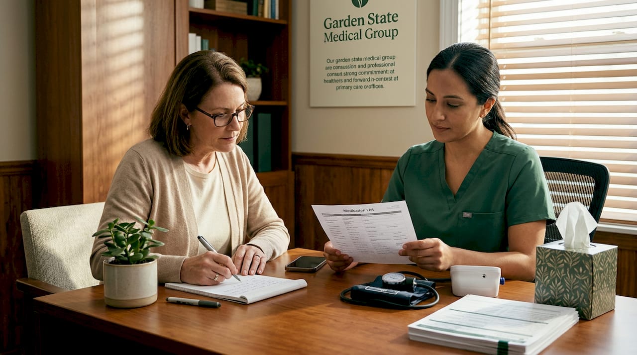 Woman reviews medications with nurse at desk