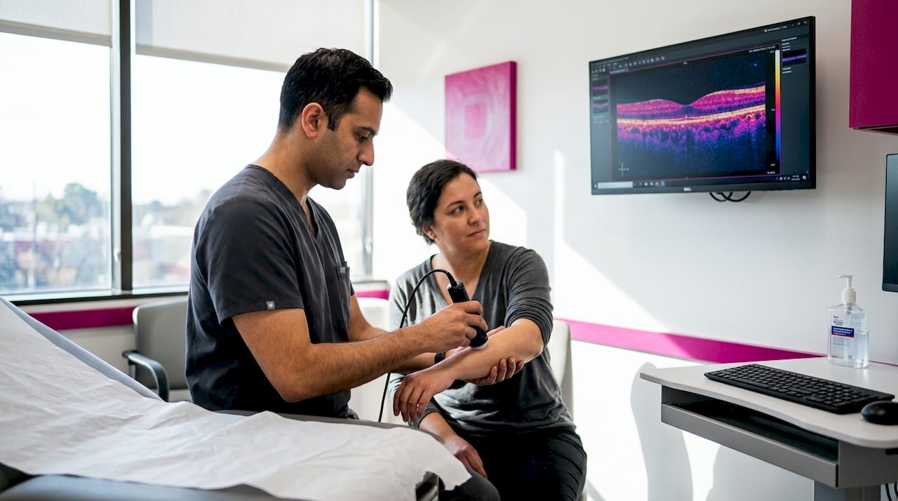Clinician using OCT device on patient arm