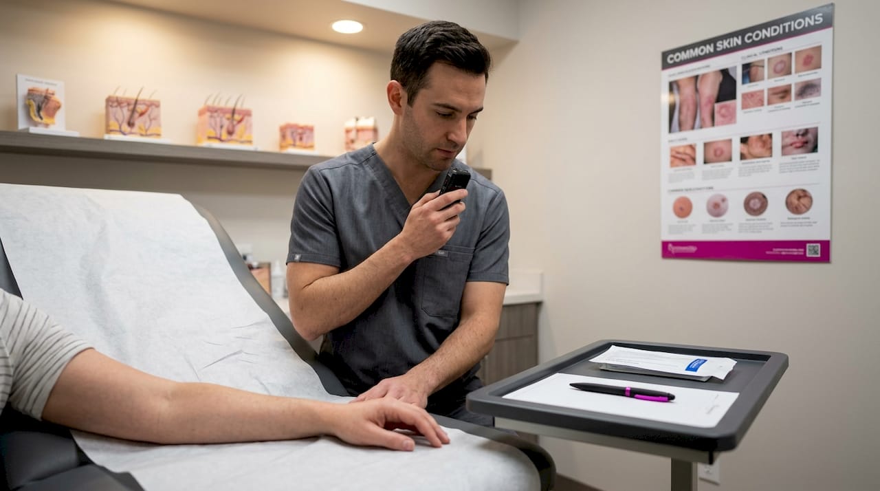Doctor dictating skin condition details in exam room