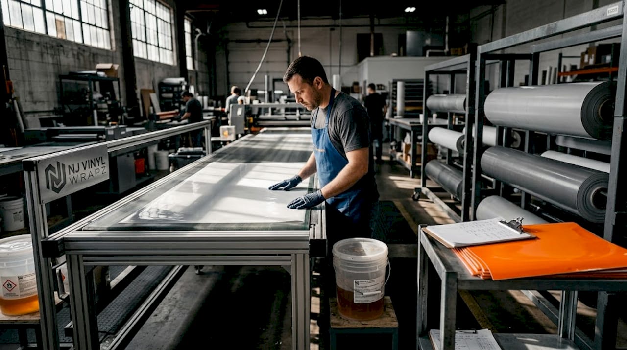 Technician inspecting fresh cast vinyl manufacturing