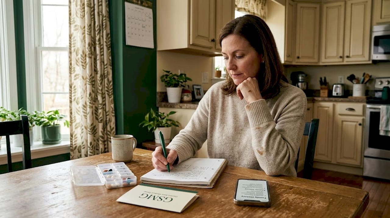 Woman preparing health assessment notes at home