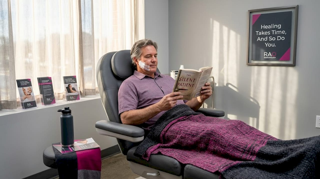 Patient relaxing post surgery in clinic room