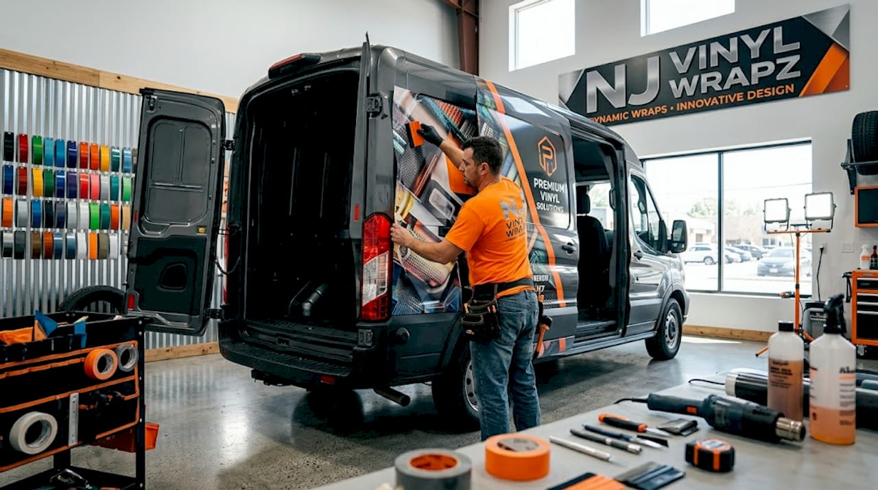 Installer applying full vehicle wrap in workshop