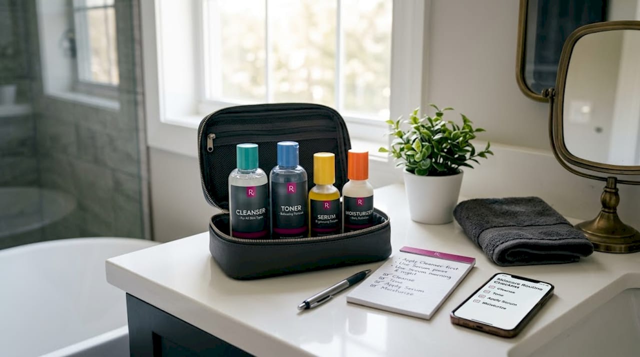 Assorted skincare products and notepad on counter